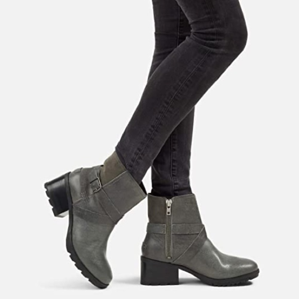 Sorel cate buckle quarry gray waterproof zipper heels boots NWT 7M